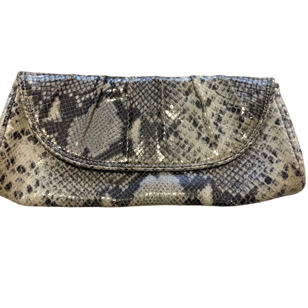 Banana Republic Leather Snake Print Clutch Bag Grey Cream Metallic Pleated